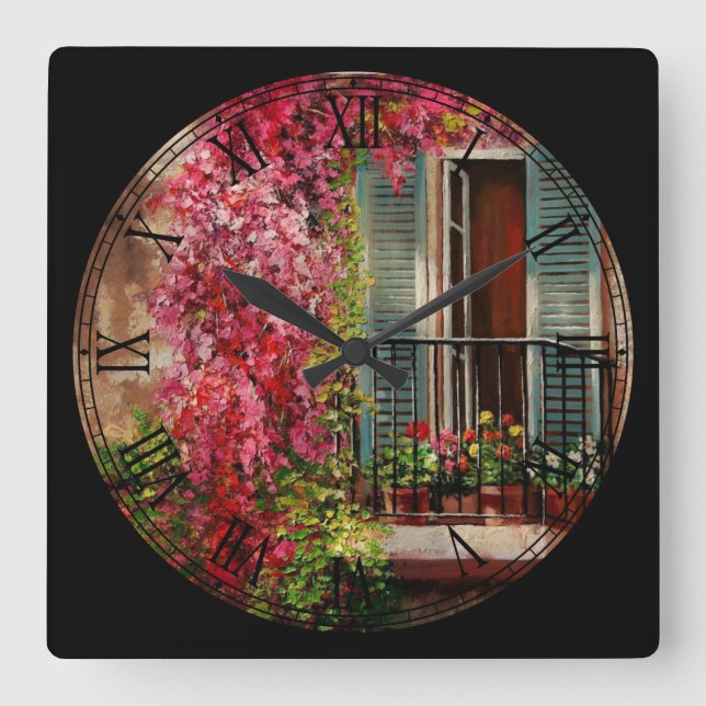 Balkon der Blume Feine Kunst, römisches Zeitalter Quadratische Wanduhr (Vorderseite)