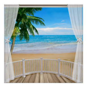 Balkon mit Blick auf den Strand und den Ozean Poster