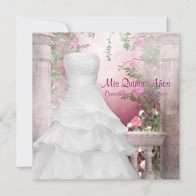 Ball Gown Pink Rose Quinceanera Einladung (Vorderseite)