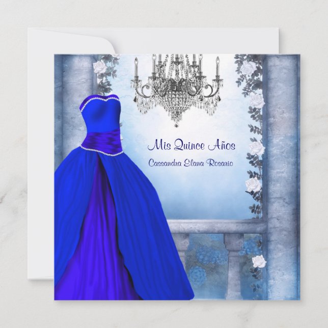 Ball Gown Royal Navy Blue Rosen Quinceanera Einladung (Vorderseite)