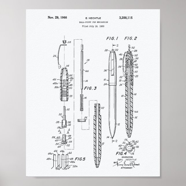 Ball Point Pen 1966 Patent Art White Paper Poster (Vorne)