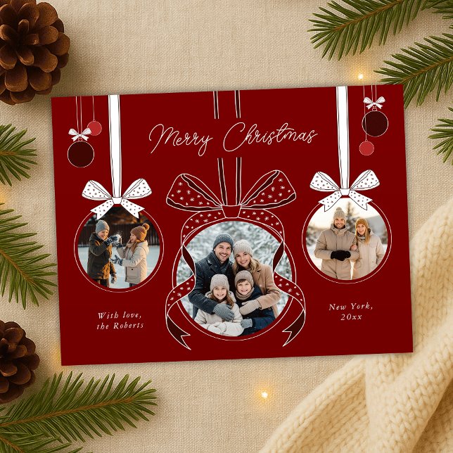 Ball Ribbon Rote Weihnachtsschmuck Drei Fotos Postkarte (elegant ribbons, bows and ball balls photo collage Christmas postcards in red and white)