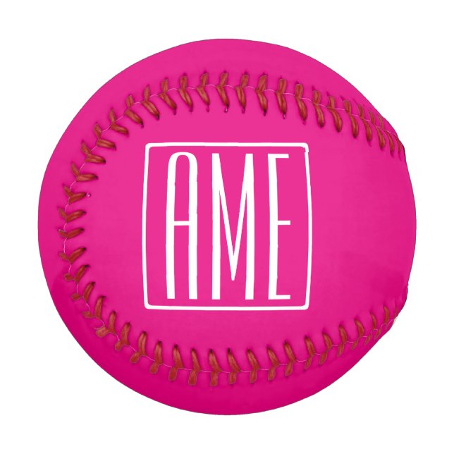 Balle De Baseball 3 Initiales Monogramme | Blanc sur rose chaud (Devant Gauche)