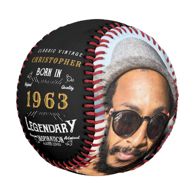 Balle De Baseball 60e anniversaire 1963 Monogramme Nom Photo Légenda (Angle)