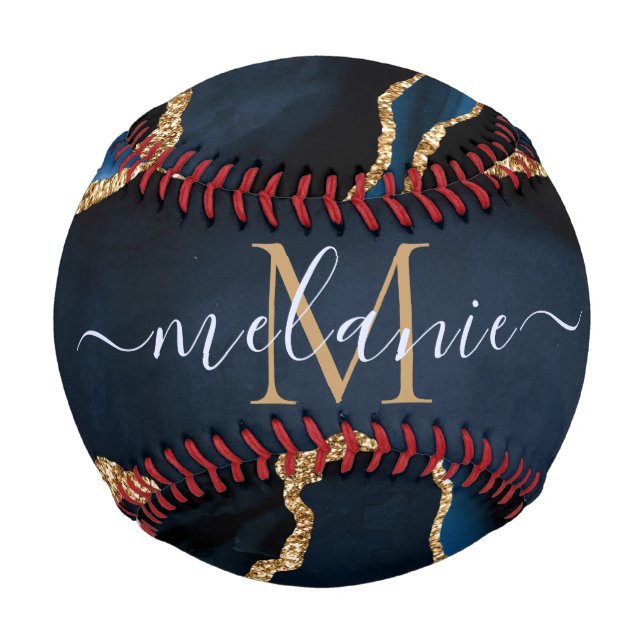 Balle De Baseball Agate Navy Blue Gold Custom Name Letter Baseball (Dos)