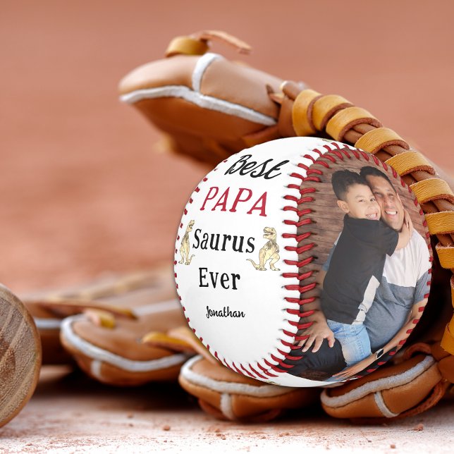 Balle De Baseball Best Papa Saurus Ever Personalized Photos (Best papa saurus ever 3 photo collage kids names funny dino personalized baseball keepsake for dad)