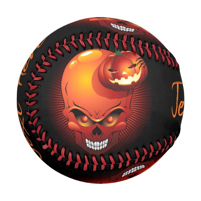 Balle De Baseball Crâne d'Halloween et Citrouille (Devant Gauche)