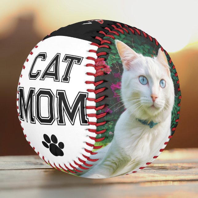 Balle De Baseball Fête des Mères Chat Maman 2 Photos Monogramme Pers (A baseball for the "Cat Mom" with custom pet photo, sporty font and pawprint detail)