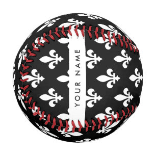 Balle De Baseball Fleur de Lis, Blanc sur Noir, Blanc, Votre Nom