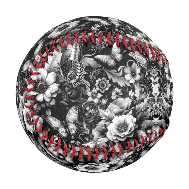 Balle De Baseball Florale d'antiquité monochrome avec papillons (Devant Gauche)