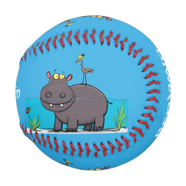 Balle De Baseball Ippopotame drôle mignon avec dessin animé d'oiseau (Devant Droite)