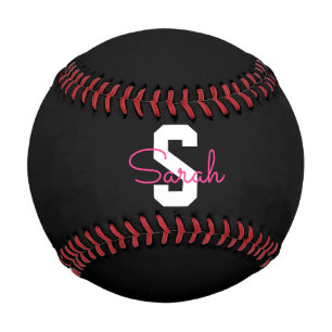 Balle De Baseball Joli nom & monogramme Noir Blanc & Rose