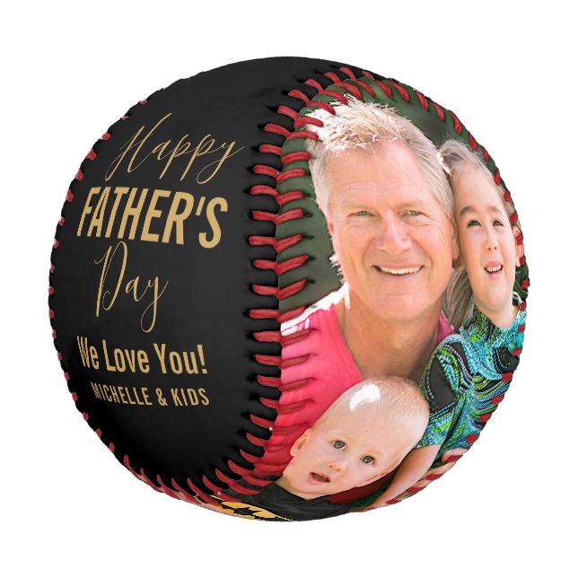 Balle De Baseball Joyeuse fête du Père Famille Photo Gold Script Nom (Angle)