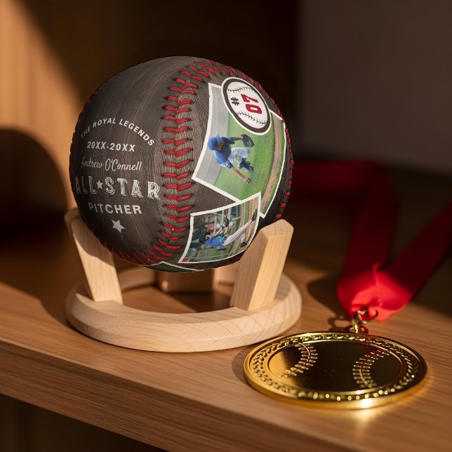 Balle De Baseball Lecteur Woodgrain étoilé Numéro et collection phot (All-Star Woodgrain Player Number & Photo Collage Baseball)