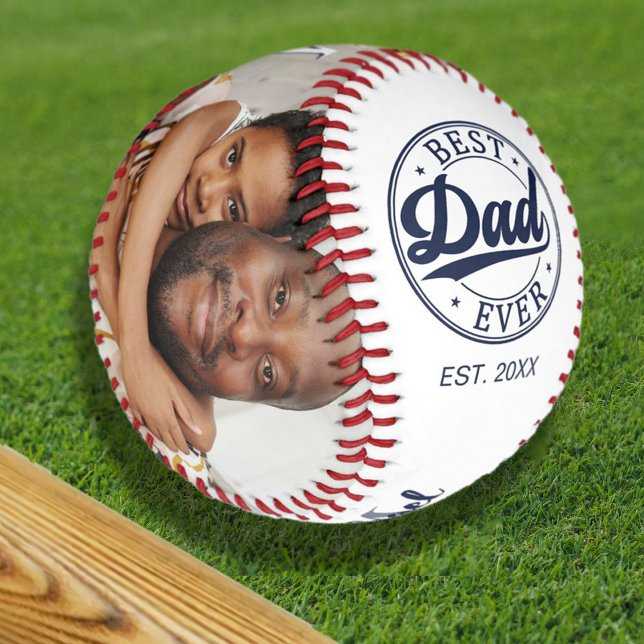 Balle De Baseball Meilleur Papa Jamais Photo Nom Monogrammé (Family Name Photo Monogrammed Gold Baseball)