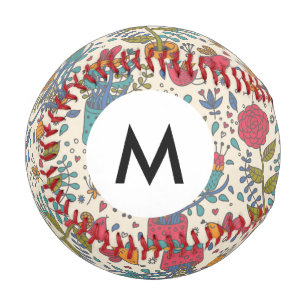 Balle De Baseball Monogramme Cartographie motif floral avec oiseaux