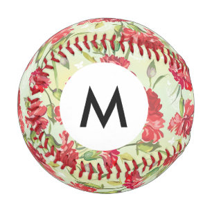 Balle De Baseball Monogramme oeillets rouges sur vert avec papillons