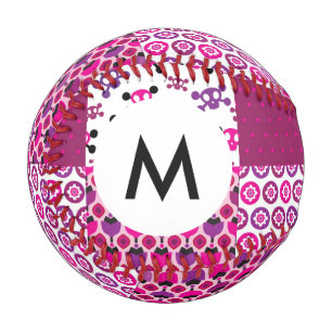 Balle De Baseball Monogramme Retro crâne de fleurs pois point