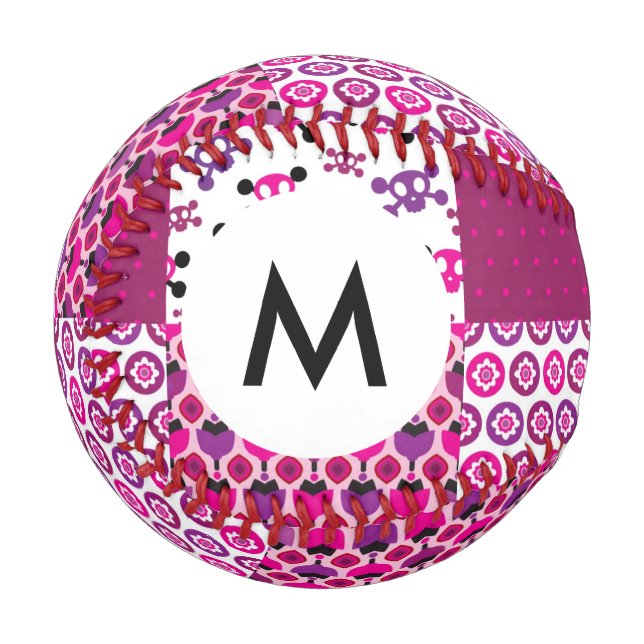 Balle De Baseball Monogramme Retro crâne de fleurs pois point (Devant Gauche)