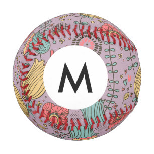 Balle De Baseball Monogramme Stylé motif floral avec fleurs