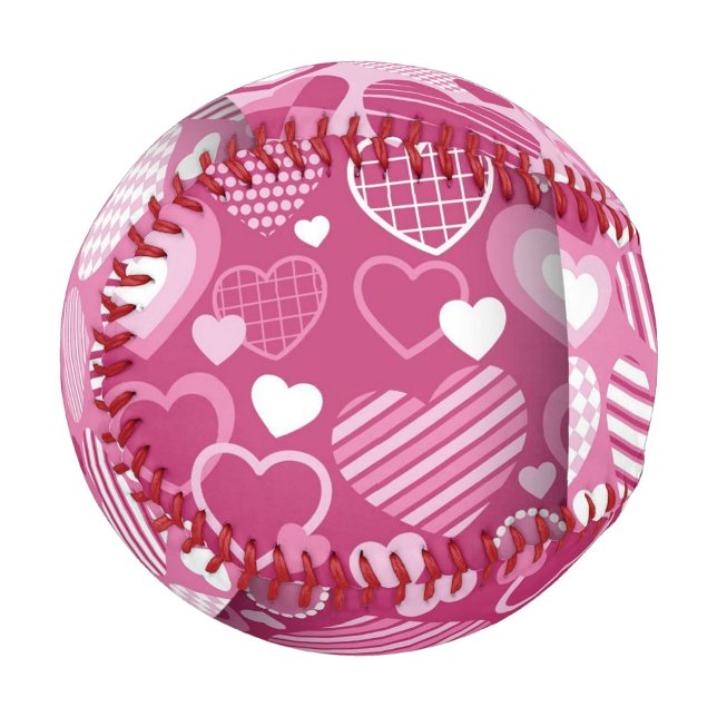 Balle De Baseball Motif cardiaque (A vibrant pink baseball adorned with various heart patterns in a bright cheerful setting.)