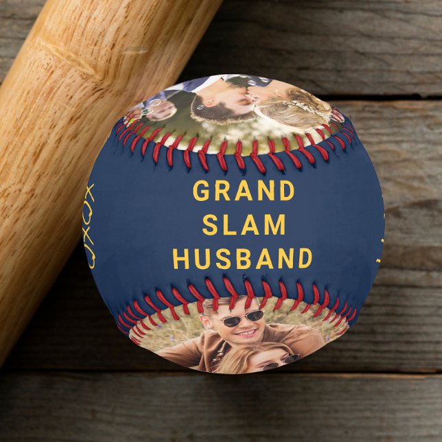 Balle De Baseball Photo personnalisée du mari bleu jaune (Créateur téléchargé)