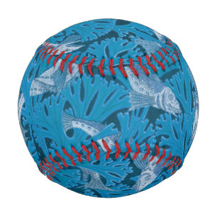 Balle De Baseball Poisson bleu vintage et algues : Art Nouveau Nauti