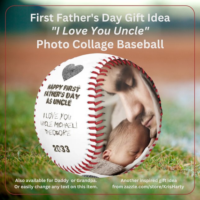 Balle De Baseball Première Fête des pères Oncle Love You Photo Colla (Happy First Father's Day I Love You Uncle [Name + Baby's Name] 2-Photo Collage Baseball)
