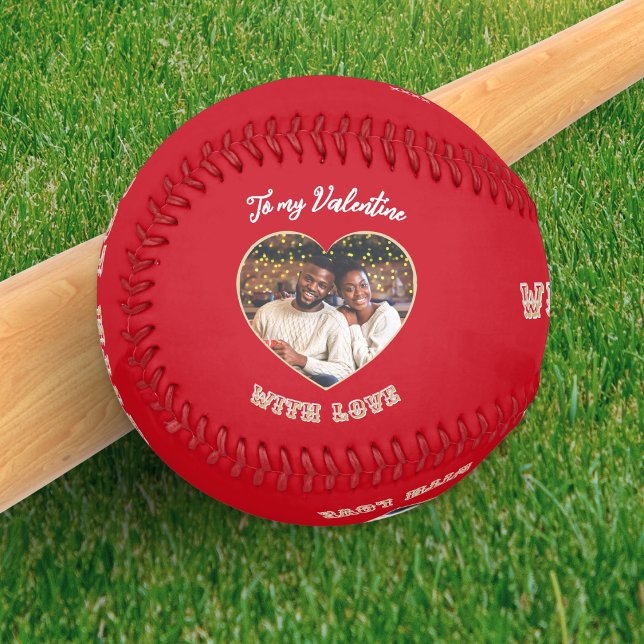 Balle De Baseball Romantic Red Valentine's Day Custom Photo & Text (A red baseball for Valentine's Day, with custom photo in a heart shape and personalized message)