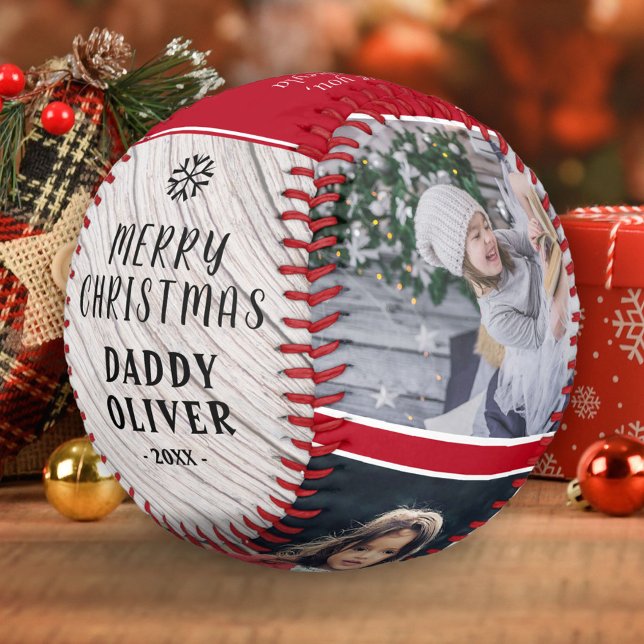 Balle De Baseball Rustic Wood Joyeux Noël Papa 3 Photo Collage (Créateur téléchargé)