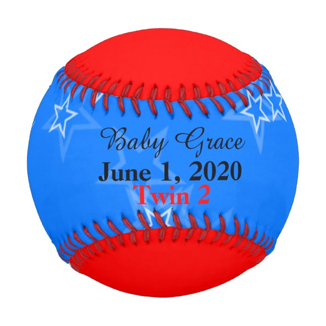 Balle De Baseball Twin Baby Girl Birth Stats Rouge Blanc Bleu (Devant)