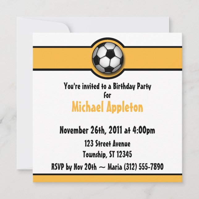 Balle de football Jaune / Gold Invitations d'anniv (Devant)