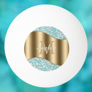 Balle De Ping Pong Diamants de Glam sur Turquoise, Monogramme Or, Nom