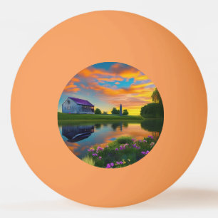 Balle De Ping Pong Ferme Toit pourpre Étang à Sunrise