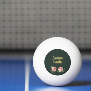 Balle De Ping Pong Fleur rose et feuilles sur vert foncé