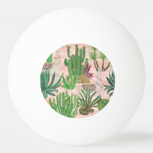 Balle De Ping Pong Lamas aquarelle et motif cactus.