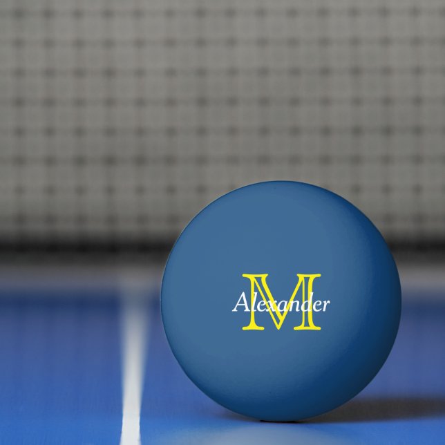 Balle De Ping Pong Monogramme jaune et blanc sur bleu (Filet)