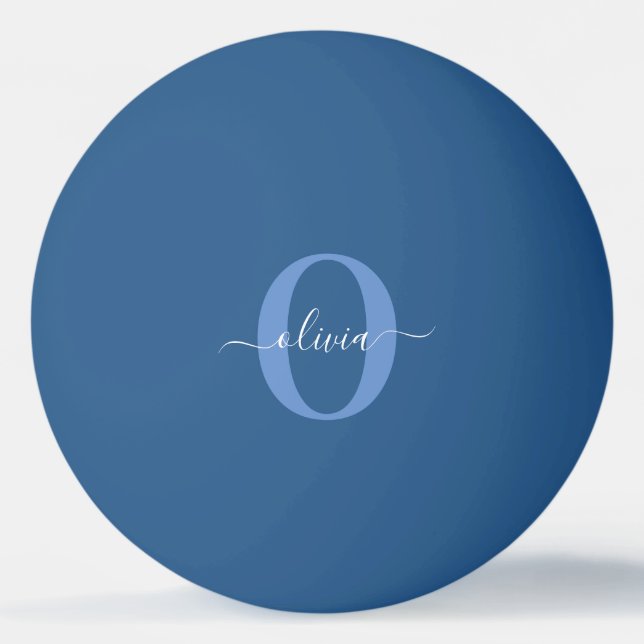 Balle De Ping Pong Monogramme personnalisé Nom du script Bleu Blanc (Devant)