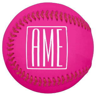 Balle De Softball 3 Initiales Monogramme   Blanc sur rose chaud
