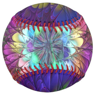 Balle De Softball Art abstrait fractal de fleurs psychédéliques colo