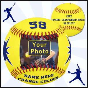 Balle De Softball Bleu marine et Jaune photo personnalisée softball