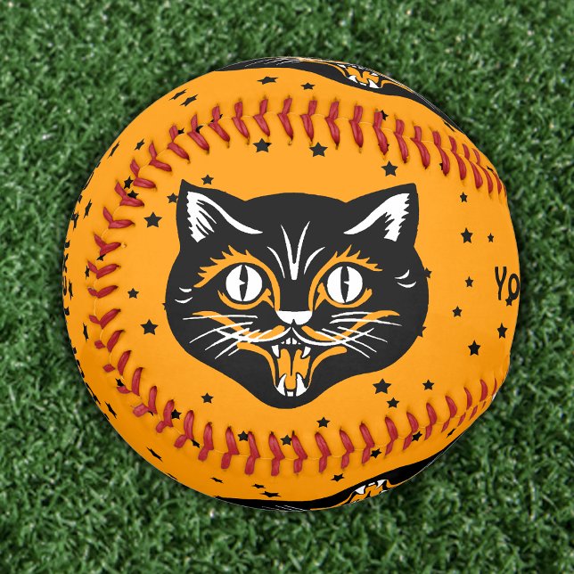 Balle De Softball Face de chat Halloween classique sur les étoiles n (Halloween black cat faces and black stars on orange softball that can be personalized.)