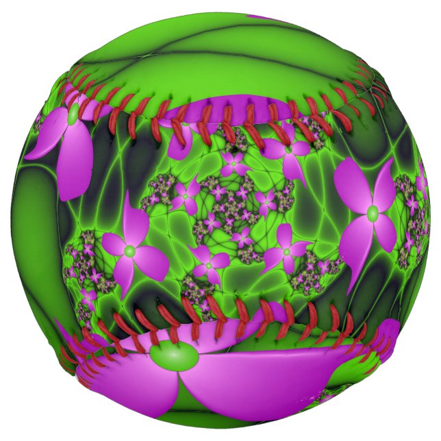 Balle De Softball Fleurs fractales Abstraites de néon rose vert (Devant)