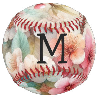 Balle De Softball Floral watercolor monogram pink cherry blossoms 