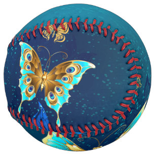 Balle De Softball Golden Butterflies on a Blue Background