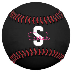 Balle De Softball Joli nom et monogramme Noir Blanc et Rose