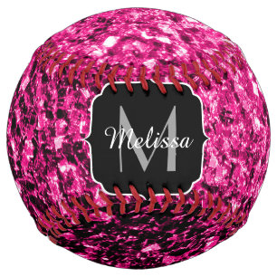 Balle De Softball Monogramme nom scintillement paillettes rose chaud