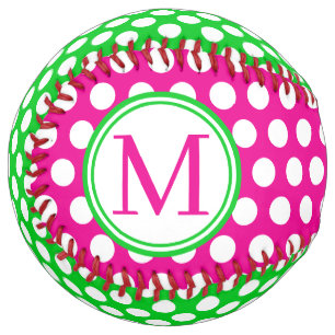 Balle De Softball Monogramme Rose Vert et Blanc à Points Polka Prepp