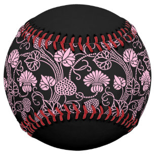 Balle De Softball Motif floral rétro rose sur noir