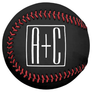 Balle De Softball Noir & Blanc Initiales de couple